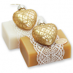 Sheep milk soap 100g decorated with a gold glass heart, Classic/Quince 