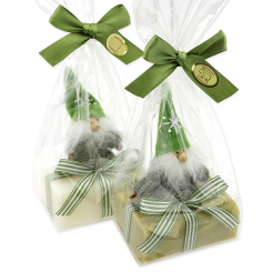 Sheep milk soap 100g decorated with a gnome in a cellophane, Classic/garden soap 