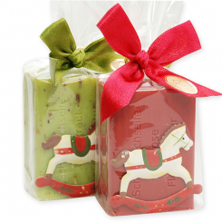 Sheep milk soap 100g decorated with a rocking horse in a cellophane, Pomegranate/verbena 