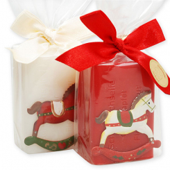 Sheep milk soap 100g decorated with a rocking horse in a cellophane, Classic/pomegranate 