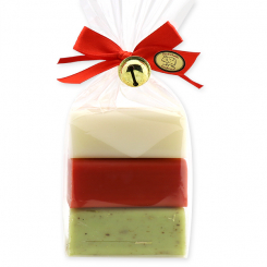 Schafmilchseife eckig 100g dekoriert mit Glöckchen 3er verpackt in Cello, sortiert 