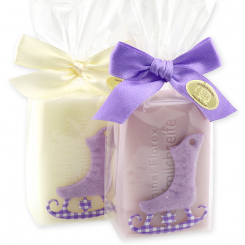 Sheep milk soap 100g decorated with a boot in a cellophane, Classic/lilac 