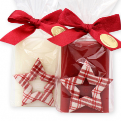 Schafmilchseife eckig 100g dekoriert mit Stern Karo in Cello, Classic/Granatapfel 