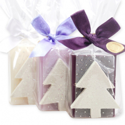 Sheep milk soap 100g decorated with a glitter tree in a cellophane, sorted 