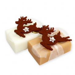 Schafmilchseife eckig 100g dekoriert mit Filzhirsch, Classic/Quitte 