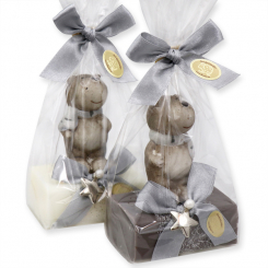 Sheep milk soap 100g decorated with a bear in a cellophane, Classic/christmas rose silver 
