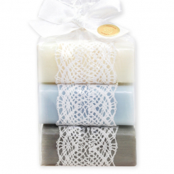 Schafmilchseife eckig 100g dekoriert mit Häkelband in Cello, sortiert 