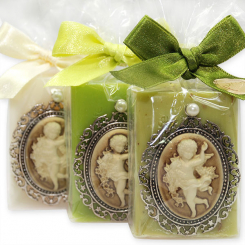 Schafmilchseife eckig 100g dekoriert mit Medaillon in Cello, sortiert 