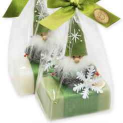 Schafmilchseife eckig 100g dekoriert mit Filzwichtel in Cello, Classic/Eisenkraut 