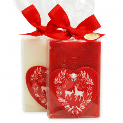 Schafmilchseife eckig 150g dekoriert mit Stoffherz in Cello, Classic/Granatapfel 