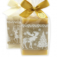 Schafmilchseife eckig 150g dekoriert mit Dekoband Hirsch in Cello, Classic/Zirbe 