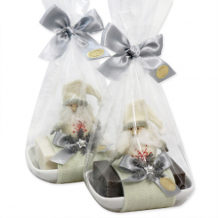 Sheep milk soap 150g on a soap dish decorated with a gnome in a cellophane, Classic/christmas rose silver 