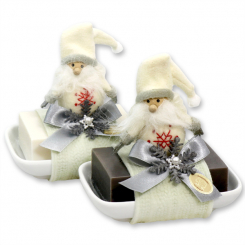 Sheep milk soap 150g on a soap dish decorated with a gnome, Classic/christmas rose silver 