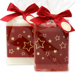 Schafmilchseife eckig 150g dekoriert mit Dekoband Stern in Cello, Classic/Granatapfel 