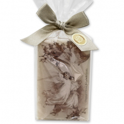 Schafmilchseife eckig 150g mit halbtransparenter Schleife mit Engelmotiv in Cello mit Masche, Schneerose 