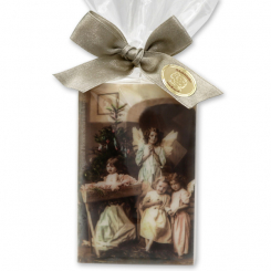 Sheepmilk soap 150g decorated with an angel-ribbon packed in a cellophane bag, christmas rose white 