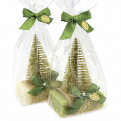 Sheep milk soap square 150g decorated with a fir tree in a cellophane, Classic/verbena 