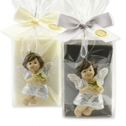 Sheep milk soap square 150g decorated with an angel in a cellophane bag, Classic/christmas rose silver 