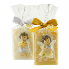 Sheep milk soap square 150g decorated with angel and decorative ribbon in a cellophane bag, Classic/swiss pine 