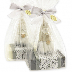 Sheep milk soap 150g decorated with a gnome in a cellophane, Classic/christmas rose silver 