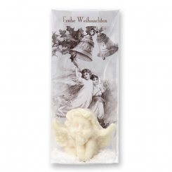 Schafmilchseife Traumengel 25g mit Spruch-Karterl "Frohe Weihnachten" verpackt in Cello, Schneerose 