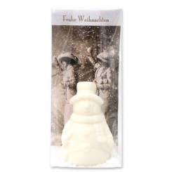 Schafmilchseife Schneemann 40g mit Spruch-Karterl "Frohe Weihnachten" verpackt in Cello, Schneerose 