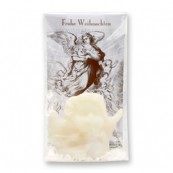 Schafmilchseife Traumengel groß 50g mit Spruch-Karterl "Frohe Weihnachten" verpackt in Cello, Schneerose 