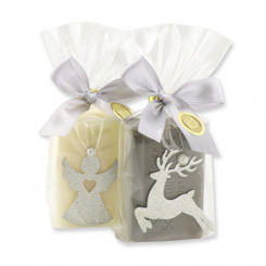 Sheep milk soap 100g decorated with christmas motif in a cellophane, Classic/christmas rose silver 