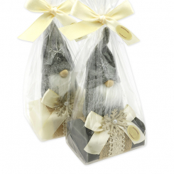 Sheep milk soap 100g decorated with a gnome in a cellophane, Classic/christmas rose silver 