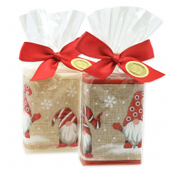 Schafmilchseife eckig 100g dekoriert mit Dekoband in Cello, Classic/Granatapfel 