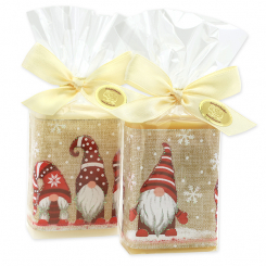 Schafmilchseife eckig 100g dekoriert mit Dekoband in Cello, Classic/Zirbe 